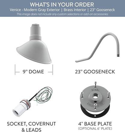 Steel Lighting Co. Venice Store Sign Light | for Outdoor Restaurant Accent Wall | 9 inch Dome | 23" Gooseneck | Made in America | Modern Gray Exterior/Brass Interior