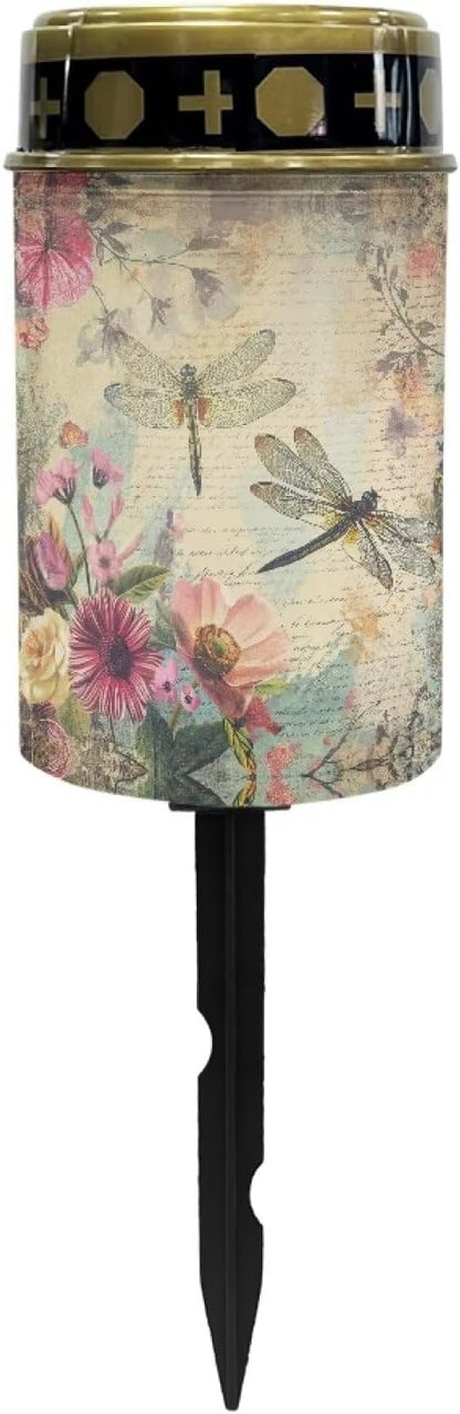 Dragonfly Floral Cemetery Solar Lights for Outside Waterproof Decorative Solar Powered Garden Stake Lights Garden Solar Light Gravesite Decor Decorate Lawn, Patio, Fence, Backyard