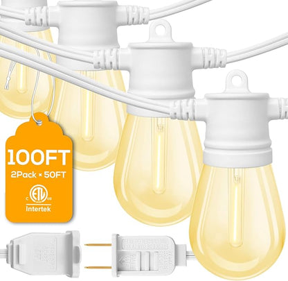 FMart LED Outdoor Hanging Lights, 100FT Dimmable Commercial Grade UL ETL Listed Waterproof, 2x15 Sockets 1W 2700K Shatterproof Edison S14 Bulbs (2 Spare), Heavy Duty White