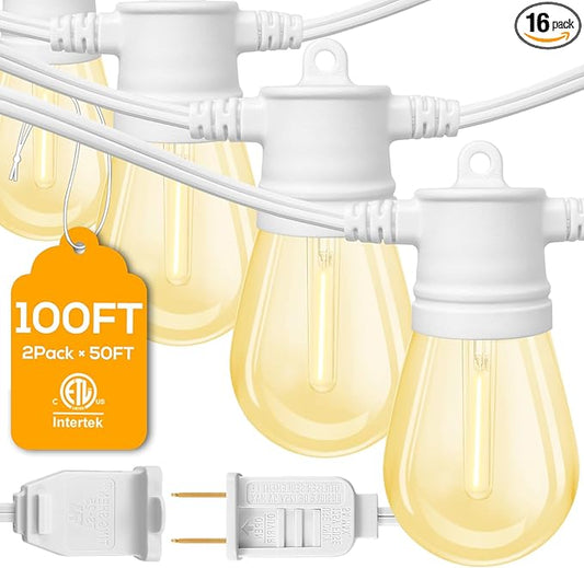 FMart LED Outdoor Hanging Lights, 100FT Dimmable Commercial Grade UL ETL Listed Waterproof, 2x15 Sockets 1W 2700K Shatterproof Edison S14 Bulbs (2 Spare), Heavy Duty White