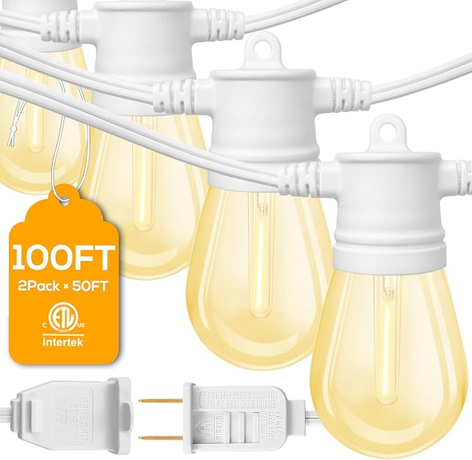 FMART LED Outdoor String Lights, 50FT Hanging Lights Dimmable Commercial Grade UL ETL Listed Waterproof, 15 Sockets 1W 2700K Shatterproof Edison S14 Bulbs(1 Spare) Heavy Duty Lights(White)