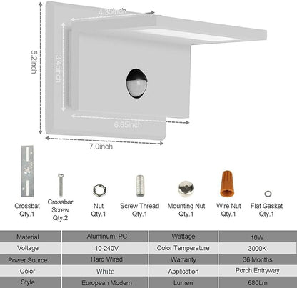 Motion Sensor Outdoor Wall Light White Exterior Light Fixture LED Porch Light Wall Mount Sconce IP54 Waterproof 15in Aluminum Lantern Lamp for House Patio Garage Entryway 10W 680Lm 3000K