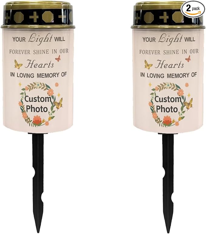 Custom Cemetery Solar Lights for Grave Customize Decorative Graveside Solar Lights for Cemetery Personalized Waterproof Solar Pathway Lights for Grave Cemetery Decorations Solar Candle 2pcs