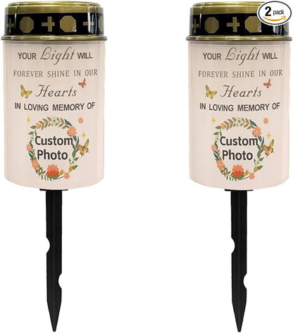 Custom Cemetery Solar Lights for Grave Customize Decorative Graveside Solar Lights for Cemetery Personalized Waterproof Solar Pathway Lights for Grave Cemetery Decorations Solar Candle 2pcs