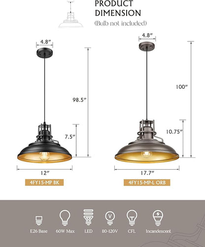 FEMILA Black & Gold Pendant Lights for Kitchen Island, 12" Farmhouse Pendant Light Fixture, Adjustable Hanging Barn Lights Outdoor for Dining Room, Entryway, 4FY15-MP BK-1