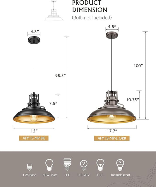 FEMILA Black & Gold Pendant Lights for Kitchen Island, 12" Farmhouse Pendant Light Fixture, Adjustable Hanging Barn Lights Outdoor for Dining Room, Entryway, 4FY15-MP BK-1