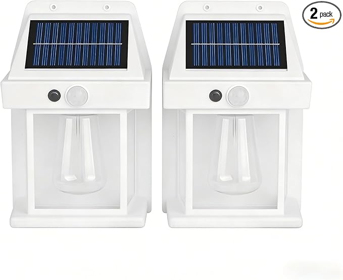 2-Pack 6.8" H Outdoor Solar Wall Light Motion Sensor Porch Flood Dawn Lighting 3 Lights Modes for Patio Garage Shed Barn Door Yard Outside Decorative Waterproot,- White.