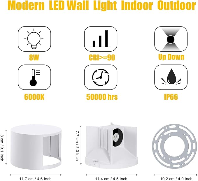 Kawell 8W Modern LED Wall Sconce Light Up Down Waterproof Outdoor Wall Lamp Indoor Hardwired for Bedroom Bathroom | Lumora