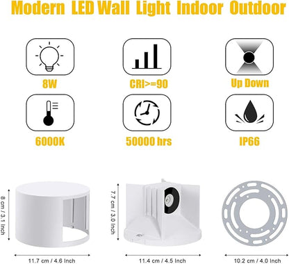 Kawell 8W Modern LED Wall Sconce Light Up Down Waterproof Outdoor Wall Lamp Indoor Hardwired for Bedroom Bathroom Hallway Stairs Porch, White 6000K