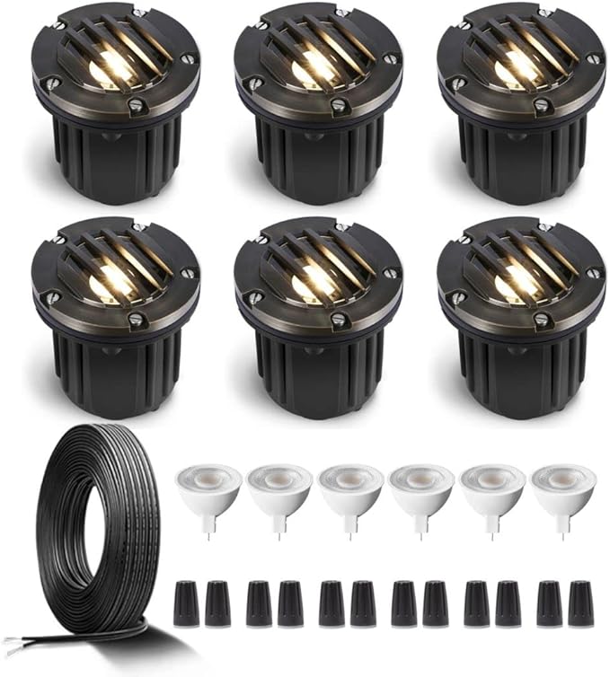 Gardenreet Brass Low Voltage In Ground Lights Kit(6 Pack) with MR16 Bulb & 100Feet Wire & Connectors, 12V AC/DC LED | Lumora