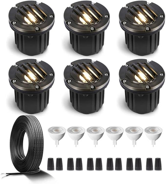 Gardenreet Brass Low Voltage In Ground Lights Kit(6 Pack) with MR16 Bulb & 100Feet Wire & Connectors, 12V AC/DC LED Well Landscape Lights for Outdoor Yard Garden Paver Path(Grated Top)