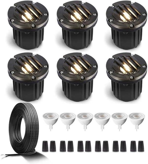 Gardenreet Brass Low Voltage In Ground Lights Kit(6 Pack) with MR16 Bulb & 100Feet Wire & Connectors, 12V AC/DC LED | Lumora