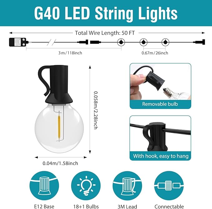 kolpop 50FT Outdoor String Lights with Dimmer Timer, G40 LED Patio Light with Edison Shatterproof Bulbs, Waterproof Connectable Hanging Lights for Outside Backyard Gazebo