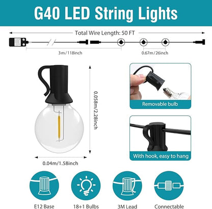 kolpop 50FT Outdoor String Lights with Dimmer Timer, G40 LED Patio Light with Edison Shatterproof Bulbs, Waterproof Connectable Hanging Lights for Outside Backyard Gazebo