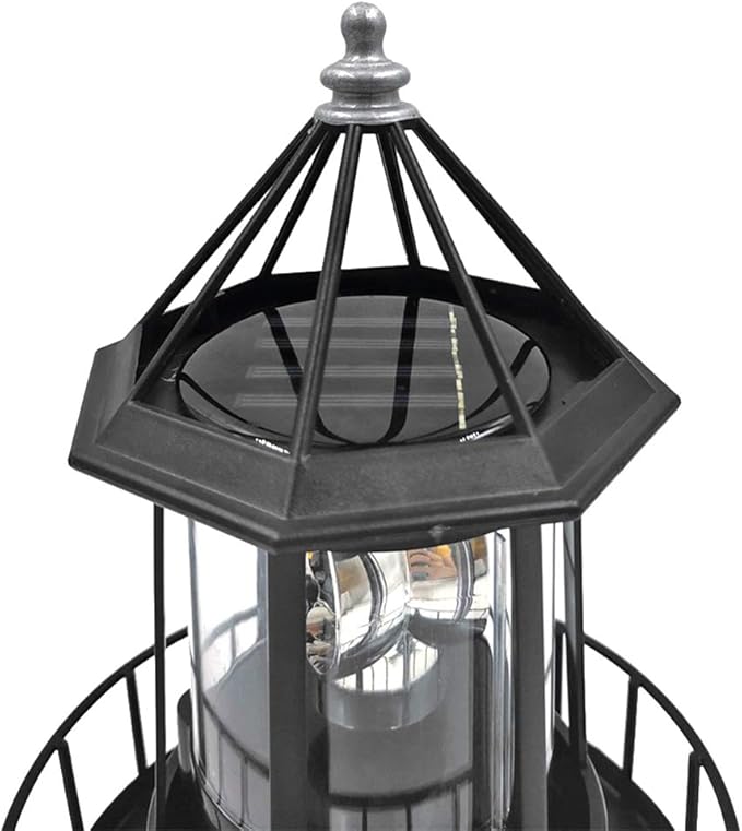 LED Solar Rotating Lighthouse Light for Outdoor Garden Decoration - Lantern for Pathway, Patio, Courtyard (Black)