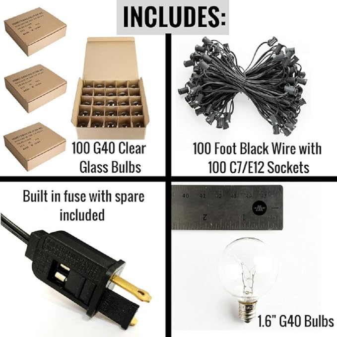 Hometown Evolution, Inc. 100 Foot Globe String Lights - 105 G40 Clear Bulbs (5 Extra) - Black Wire - Outdoor String | Lumora