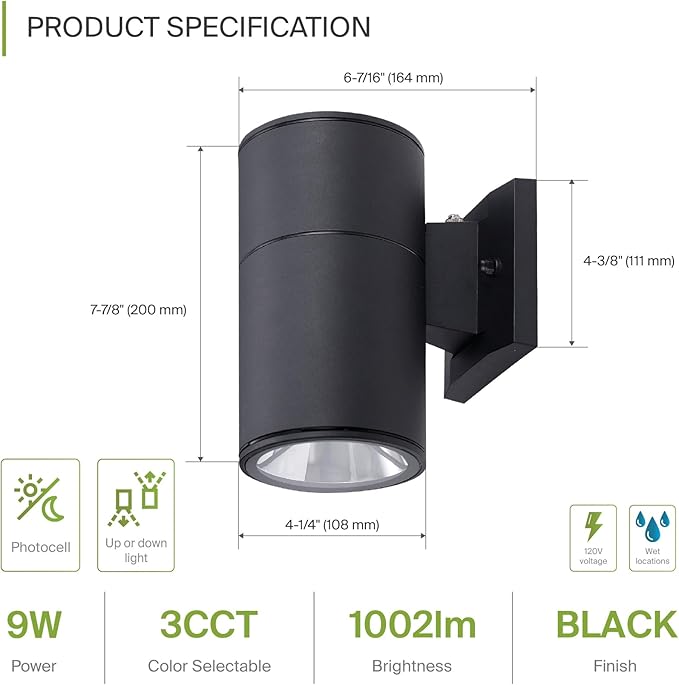 ASD 1 Light Dusk to Dawn LED Outdoor Wall Light Fixture | 9W 1000LM 3000K-5000K 120V Cylinder Up Down Lights | | Lumora