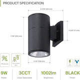 ASD 1 Light Dusk to Dawn LED Outdoor Wall Light Fixture | 9W 1000LM 3000K-5000K 120V Cylinder Up Down Lights | | Lumora