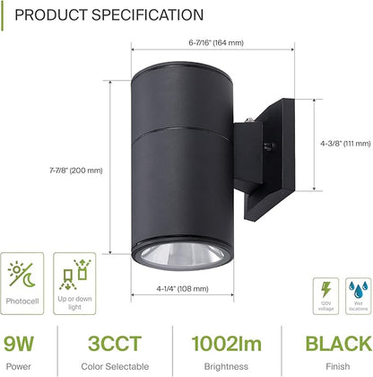 ASD 1 Light Dusk to Dawn LED Outdoor Wall Light Fixture | 9W 1000LM 3000K-5000K 120V Cylinder Up Down Lights | Waterproof Exterior Wall Sconce | Front Door, Porch, Patio | Black, ETL
