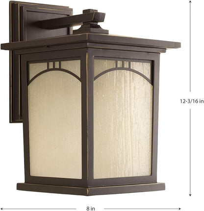 Progress Lighting Residence Collection 1-Light Umber Textured Art Glass Craftsman Outdoor Medium Wall Lantern Light Antique Bronze, 8"