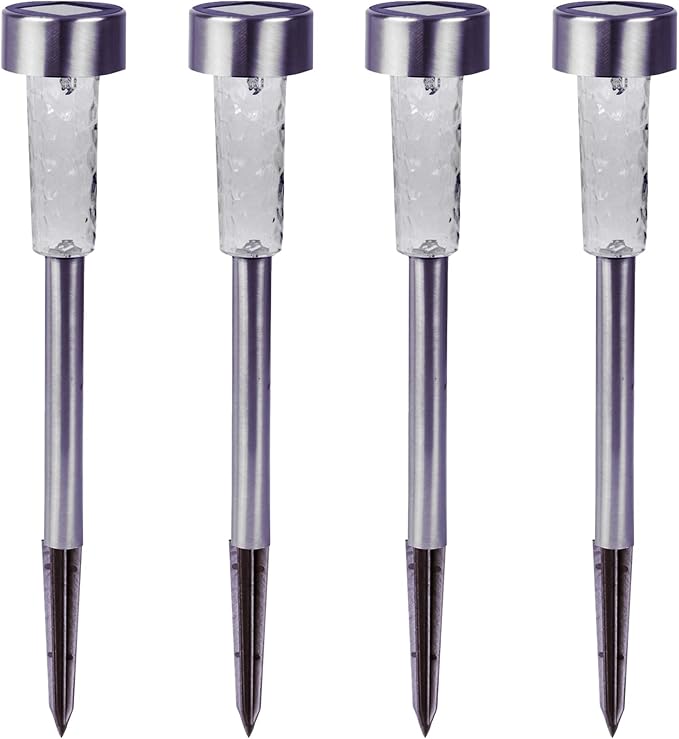 Crosslight Solar Powered Pathway Lights (4 Pack) - Outdoor Stainless Steel White LED Lights, Waterproof for Garden, Yard, Patio, Lawn, Walkway - Decorative Ground Stake Lighting | Silver