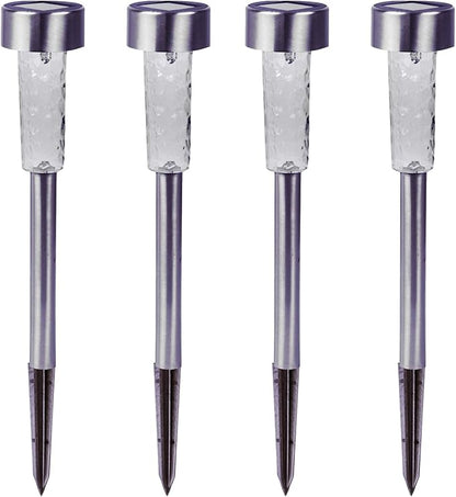 Crosslight Solar Powered Pathway Lights (4 Pack) - Outdoor Stainless Steel White LED Lights, Waterproof for Garden, Yard, Patio, Lawn, Walkway - Decorative Ground Stake Lighting | Silver