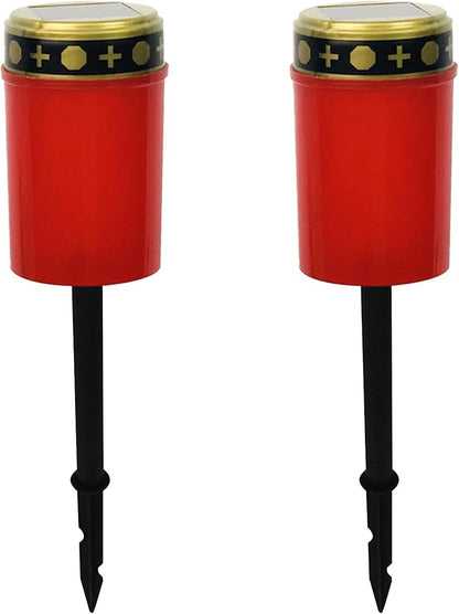 Solar Grave Lights 2PCS Waterproof Solar Cemetery Lights for Grave Flameless Solar Memorial Lights Outdoor Stake Lights for Grave Decorations Memorial Gifts Red, Grave Lights
