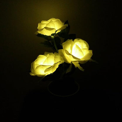LED Solar Power Decorative Artificial Rose Flower Pot Plant Landscape Light Night Lamp Outdoor Garden Yard Pathway Lawn Grassland Yellow