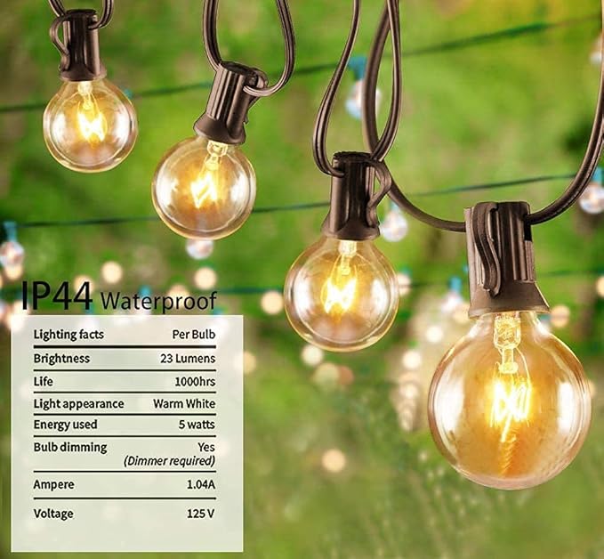 Abeja 25Ft Outdoor Patio String Lights with 27 Clear G40 Bulbs, UL Listed for Porch Bars Deck Wedding Party Markets | Lumora
