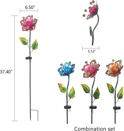 Adeco Flower Solar Lights Outdoor Garden Decor 37 inch Metal Garden Stake Lights with Crackle Globe Glass and Large Solar Panel Waterproof for Ground Patio Lawn Pathway Flowerbed