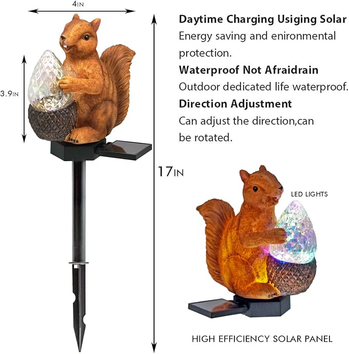 Garden Solar Lights - Resin Squirrel Figure LED Lights, Waterproof Outdoor Decor for Yard, Pathway, Patio & Lawn - 1Pack