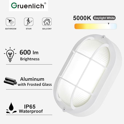 GRUENLICH LED Bulkhead Light, Flush Mount for Wall or Ceiling, 6W, 600 Lumen, Dimmable 5000K Daylight White, Outdoor Rated, Aluminum Housing, White Finish, 2-Pack