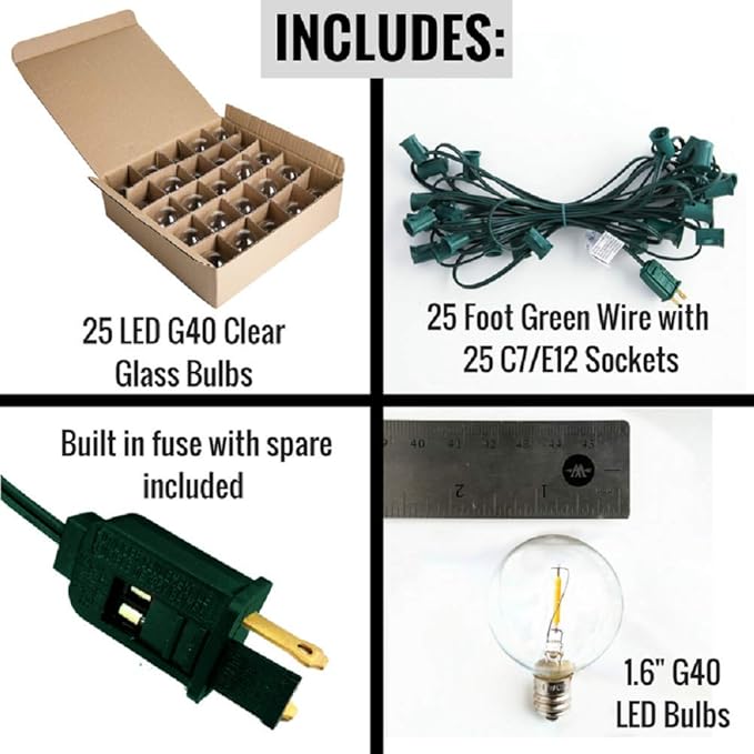 Hometown Evolution, Inc. G40 LED Warm White Outdoor Patio String Lights with 0.6 Watt Bulbs (G40 LED Filament - Green Wire, 25 ft)
