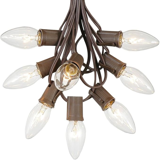 C9 Clear Outdoor Christmas Lights - 25 Foot Brown Wire Roofline Patio String Lights