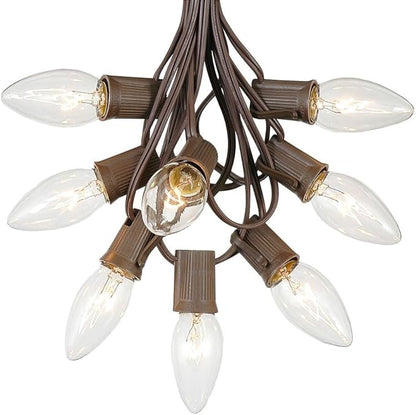 C9 Clear Outdoor Christmas Lights - 25 Foot Brown Wire Roofline Patio String Lights