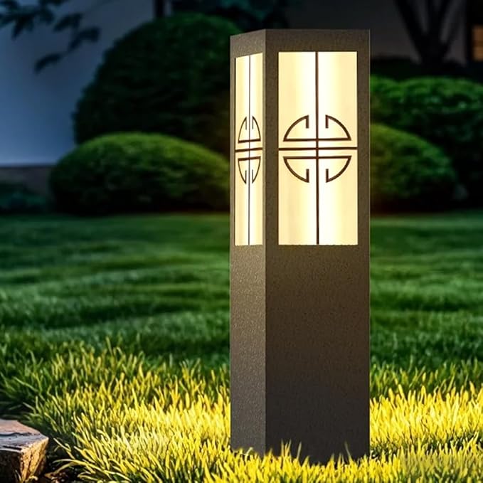 Solar Garden Path Lights Square Black Metal Pathway Lights Chinese Style Glass Bollard Lantern Dimming Landscape Lighting Fixture for Lawn Front/Back Door Balcony