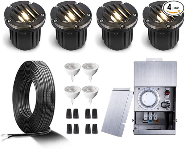 Gardenreet Brass Well Lights Kit(4 Pack) with 75W Low Voltage Transformer & MR16 Bulb & 100Feet Wire & Connectors | Lumora