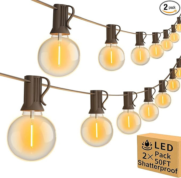 100ft 2-Pack Outdoor String Lights,Dimmable G40 LED String Lights with 52 Shatterproof Clear Bulbs UL Approval | Lumora