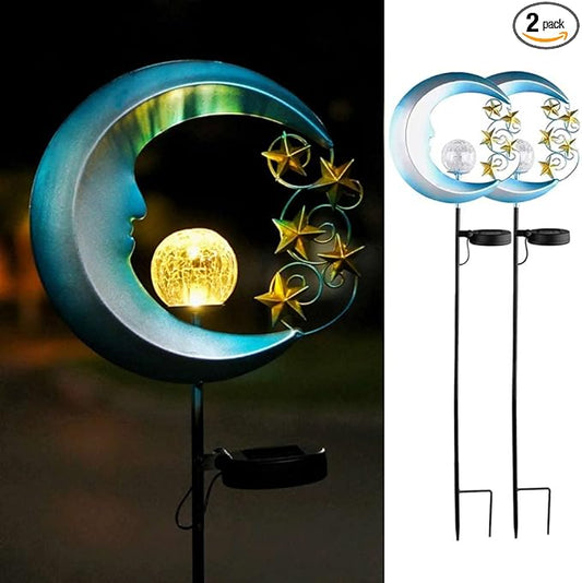 Solar Moon Lights - Outdoor Garden Lights with Crackle Glass Balls and Golden Stars - Waterproof Pathway Stakes for Lawn, Patio, or Yard - 2 Pack - Blue