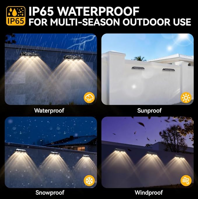Large Solar Fence Lights Outdoor Waterproof, 3-Mode (3000K/4000K/6000K),4 LED with Upgraded High-Efficiency Solar Panel & Wide Beam for Backyard/Patio/Deck/Step/Home Improvement(4 Pack)