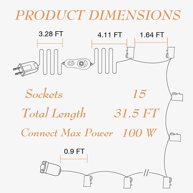 31.5FT C9 String Lights with Dimmer and Timer - Dimmable C9 Light String with 15 E17 Light Sockets 19.68" Spacing | Lumora