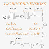 31.5FT C9 String Lights with Dimmer and Timer - Dimmable C9 Light String with 15 E17 Light Sockets 19.68" Spacing | Lumora