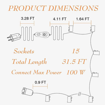 31.5FT C9 String Lights with Dimmer and Timer - Dimmable C9 Light String with 15 E17 Light Sockets 19.68" Spacing, Indoor Outdoor Stringer for Bedroom, Porch, Backyard Decor, White Wire