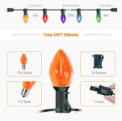 C7 Christmas Lights - 25FT Clear Multicolor LED Outdoor String Lights, Commercial Grade with 27 C7 Bulbs, Waterproof & Shatterproof Hanging Decor for Porch, Xmas Tree, Patio, Holiday Party