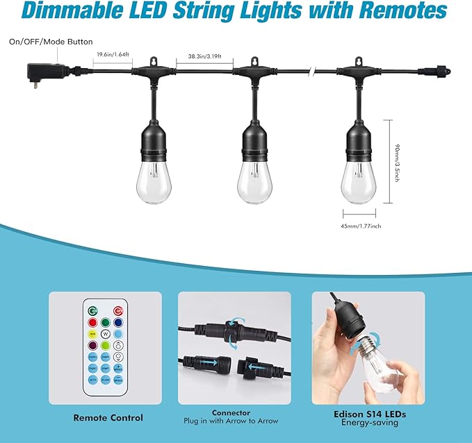 24FT Solar Outdoor String Lights, 12 Shatterproof Edison LED Bulbs, Dimmable RGB Color Changing Patio Lights | Lumora
