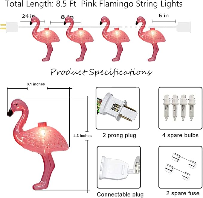 GOOTHY 8.5Ft Pink Flamingo String Lights, Summer Patio Outdoor String Lights with 10 Mini Flamingo Lights, Plug in Decorative Fairy Lights UL Listed for Bedroom Party Birthday Wedding Holiday Decor