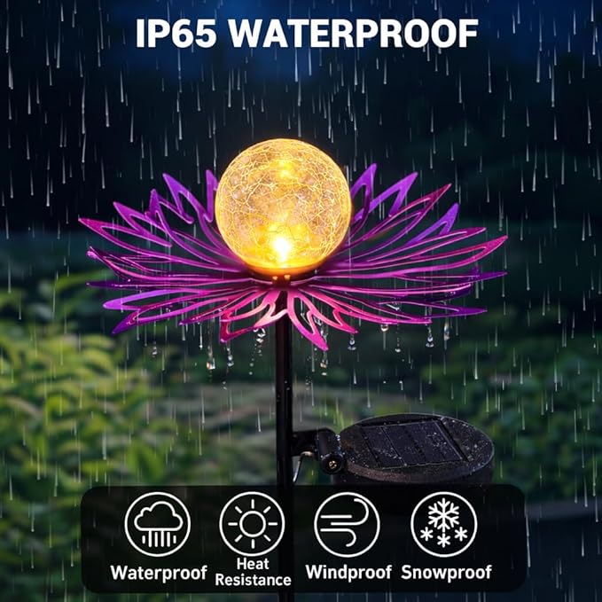 Solar Garden Lights Outdoor Decor, Metal Flower Solar Stake Light with Warm White Crackle Glass, Waterproof Yard Art Ornament for Patio Lawn Backyard, Unique Gardening Gifts for Women(Purple)