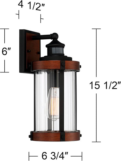 John Timberland Utley Industrial Outdoor Wall Light Fixture Dark Wood Finish Black 15 1/2" Motion Sensor Clear Glass for Exterior House Porch Patio Outside Deck Garage Yard Front Door Garden Home