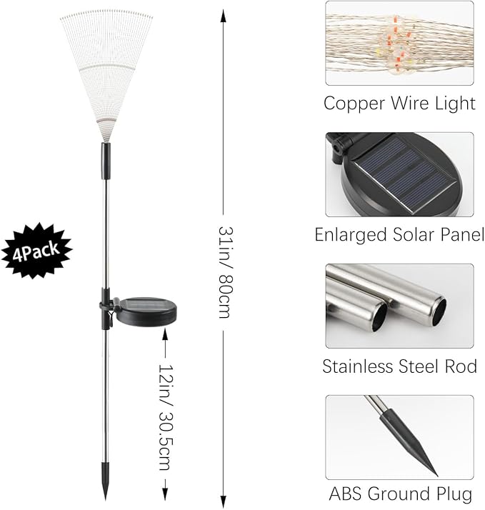 Lewondr Firework Solar Garden Lights, 120 LED Solar Firework Lights with 8 Lighting Modes, Waterproof Sparkler Starburst Solar Lights Outdoor for Yard Porch Patio Backyard Decor Present, 4 Pack