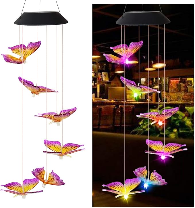Solar Butterfly Wind Chime Color Changing Outdoor Garden Decorative Lights for Walkway Pathway Backyard Christmas Decoration Parties (Purple, 25x5x5 inches)